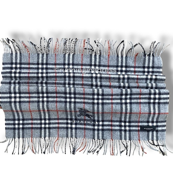 Vintage Burberry Nova Check Blanket Scarf Equestrian Knight Logo Grey Navy Blue - Picture 11 of 15